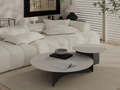 Modern Round Coffee Table With Black Base Open Book And White Sofa In Living Room 3d model