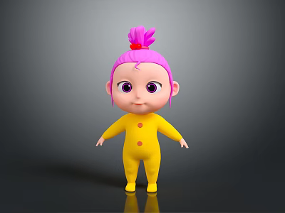 Cute 3D Cartoon Character With Pink Hair Red Bun Yellow Onesie And Red Buttons 3d model