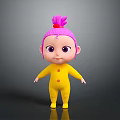 Cute 3D Cartoon Character With Pink Hair Red Bun Yellow Onesie And Red Buttons