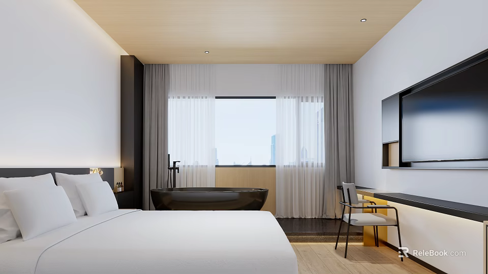 Modern Hotel Room Interior With Comfortable Bed Black Bathtub Large Window TV And Desk 3d model 