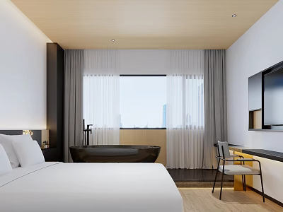 Modern Hotel Room Interior With Comfortable Bed Black Bathtub Large Window TV And Desk 3d model