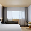 Modern Hotel Room Interior With Comfortable Bed Black Bathtub Large Window TV And Desk