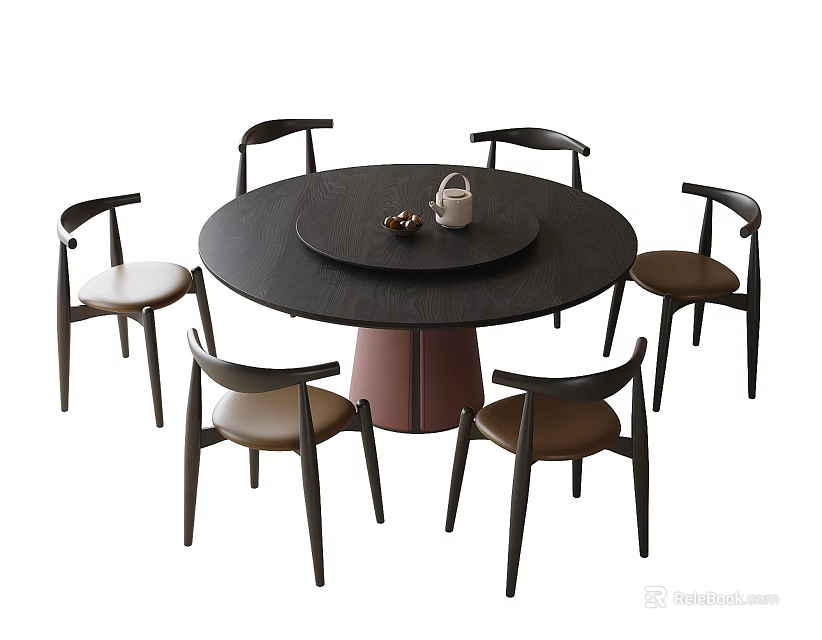 Modern Round Dining Table With Lazy Susan And Six Curved Back Chairs Set 3d model