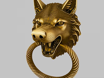 Brass Wolf Head Door Knocker With Twisted Ring For Traditional Door Decoration 3d model