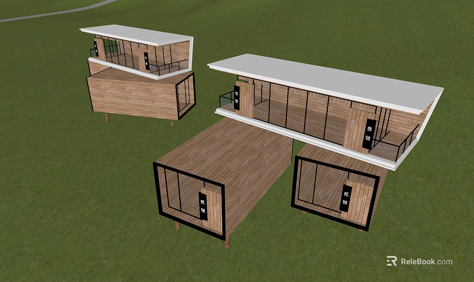 Modern Wooden House With Flat Roof Large Glass Windows And Green Grass Surroundings 3d model 