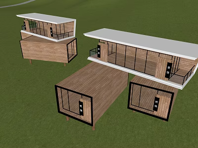 Modern Wooden House With Flat Roof Large Glass Windows And Green Grass Surroundings 3d model