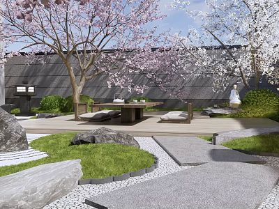 Japanese Karesansui Rock Garden With Cherry Blossom Trees Stone Paths Rocks And Grass Lawn 3d model