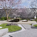 Japanese Karesansui Rock Garden With Cherry Blossom Trees Stone Paths Rocks And Grass Lawn
