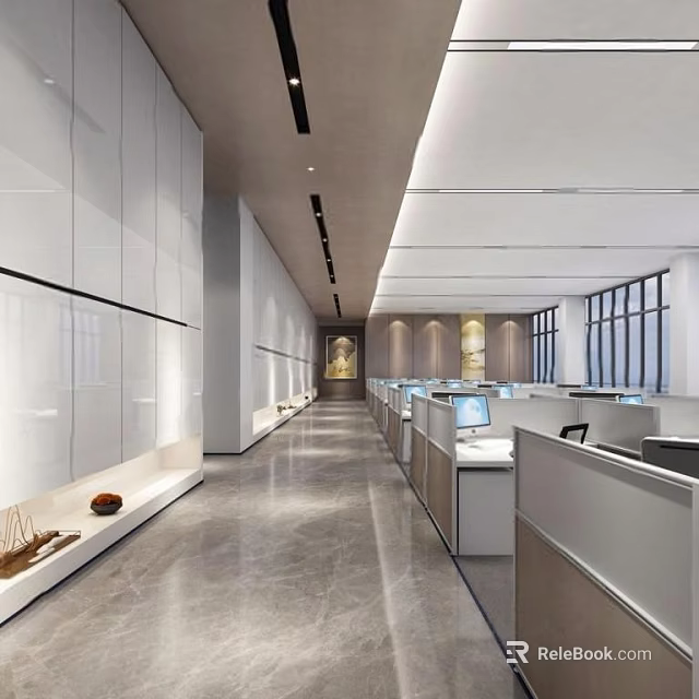 Modern Public Office Space With Neat Workstations Large Windows And Bright Lighting 3d model