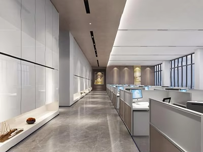 Modern Public Office Space With Neat Workstations Large Windows And Bright Lighting 3d model