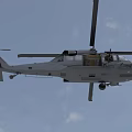 Military Helicopter Flying High in Cloudy Sky With Rotating Rotors And Aerial Equipment