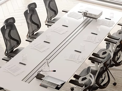 White Modern Conference Table With Black Office Chairs And Documents Water Glasses 3d model