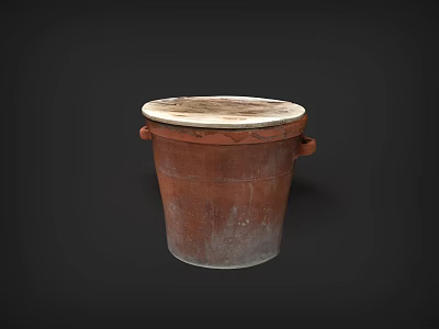 Vintage Brown Ceramic Bucket With Two Handles And White Worn Lid 3d model