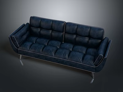 Modern Navy Blue Leather Sofa With Stylish Tufted Design And Metal Legs 3d model