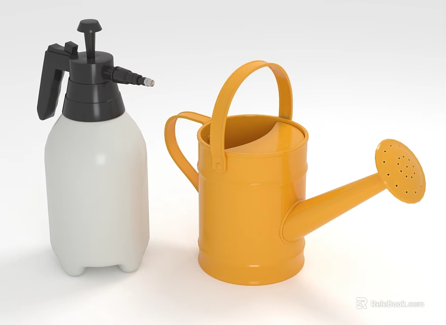 White Spray Bottle And Yellow Watering Can For Garden Plant Care Tools 3d model 