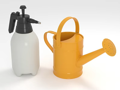 White Spray Bottle And Yellow Watering Can For Garden Plant Care Tools 3d model