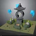 Stone Lantern Architectural Structure With Blue Decorative Elements White Statues And Green Grass