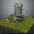 Miniature Scene with Gray Wooden Cabin Stone Base Ladder Green Grass and Small Tree