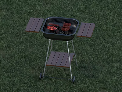 Outdoor Grill With Wooden Side Shelves Cooking Meat On Grass Area With Wheels 3d model