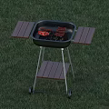 Outdoor Grill With Wooden Side Shelves Cooking Meat On Grass Area With Wheels