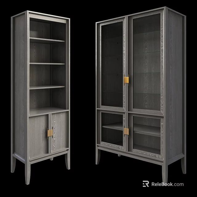 Grey Wooden Cabinet With Glass Doors Golden Handles And Open Shelves 3d model 