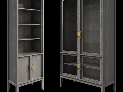 Grey Wooden Cabinet With Glass Doors Golden Handles And Open Shelves 3d model
