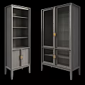 Grey Wooden Cabinet With Glass Doors Golden Handles And Open Shelves