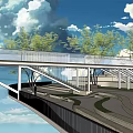 Modern Tower Structure With Glass Sky Bridge And Green Trees Around 3d model