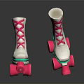 White Roller Skates With Pink Laces Green Accents And Pink Wheels