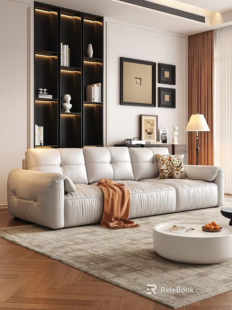 Modern Light Gray Leather Sofa Coffee Table Set with Brown Blanket Decorative Pillow and Fruits 3d model 