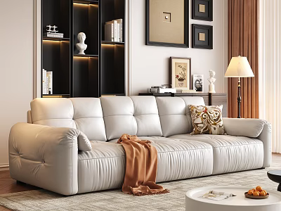 Modern Light Gray Leather Sofa Coffee Table Set with Brown Blanket Decorative Pillow and Fruits 3d model