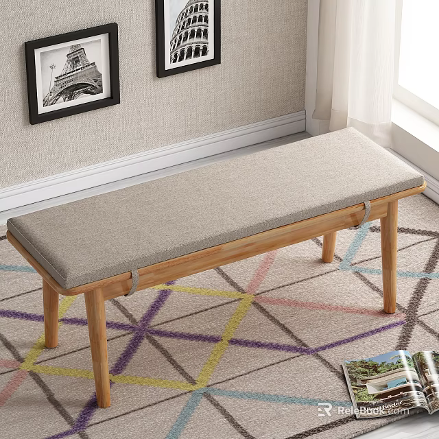 Simple Modern Shoe Bench With Wooden Legs And Gray Upholstered Cushion For Entryway 3d model 