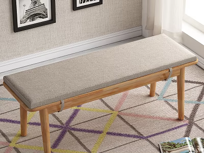 Simple Modern Shoe Bench With Wooden Legs And Gray Upholstered Cushion For Entryway 3d model