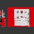 Household Items Display Booth With Red And White Design Screens Stools And Brochures