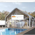 Modern Transparent Glass Building Structure By Swimming Pool With Trees And Patio