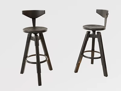 Two Dark Wooden Bar Stools With Backrest Round Seat And Three Legs Crossbar 3d model