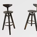 Two Dark Wooden Bar Stools With Backrest Round Seat And Three Legs Crossbar