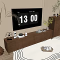 Modern Minimalist Walnut TV Stand With Decor Books Plants And Tall Cabinet By Window