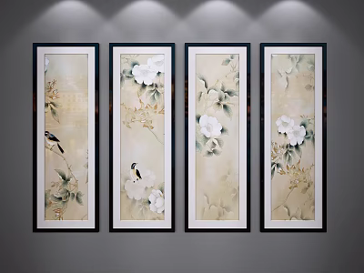 Four Panel Botanical Paintings With Flowers Birds And Black Frames On Gray Wall With Lighting 3d model