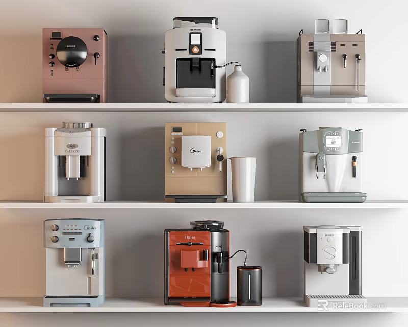 Assorted Kitchen Appliances Including Various Colored Coffee Machines Displayed On Shelves 3d model