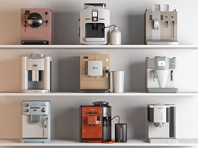 Assorted Kitchen Appliances Including Various Colored Coffee Machines Displayed On Shelves 3d model