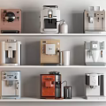 Assorted Kitchen Appliances Including Various Colored Coffee Machines Displayed On Shelves 3d model