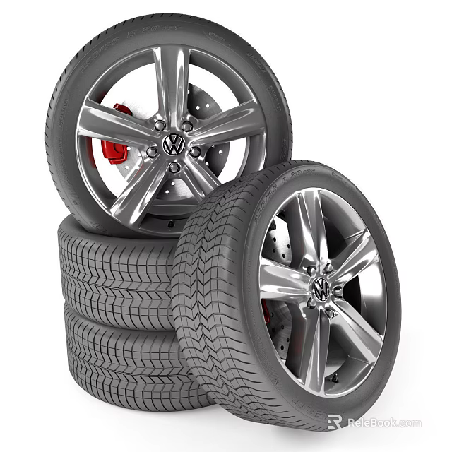 Volkswagen Car Tires Stacked With Alloy Rims Red Brake Calipers And Tread Pattern 3d model 