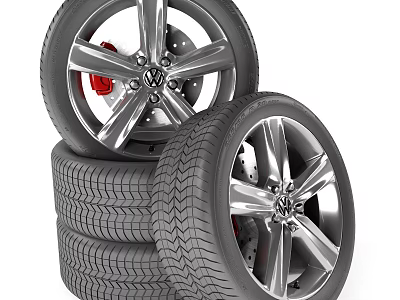 Volkswagen Car Tires Stacked With Alloy Rims Red Brake Calipers And Tread Pattern 3d model
