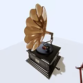 Vintage and Traditional Musical Instruments Featuring Phonograph and Guzheng with Wooden Frames and Brass Horn