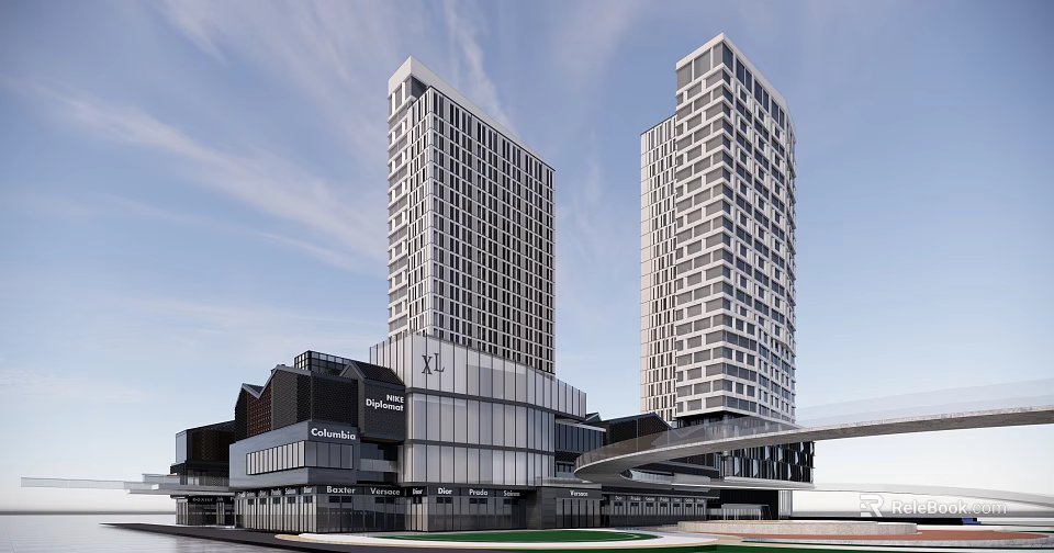 Modern High Rise Office Building With Glass Facade And Sky Bridge Connection 3d model 