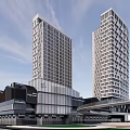Modern High Rise Office Building With Glass Facade And Sky Bridge Connection