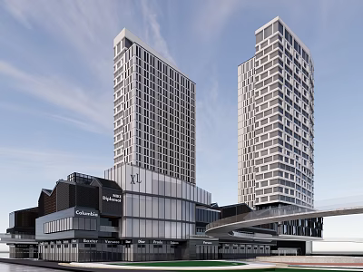 Modern High Rise Office Building With Glass Facade And Sky Bridge Connection 3d model