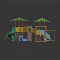 Playground Equipment With Green Canopies Yellow Railings Red Pillars Slides Swings Climbing Net Gravel Surface