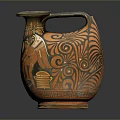 Sculpture Carving Of Ancient Earthenware Jug With Intricate Orange And Black Patterns And Handle